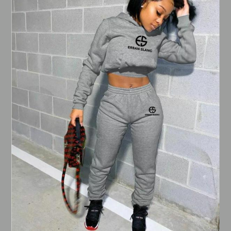 Stylish Erban Slang Black Silver Crop Sweatsuit